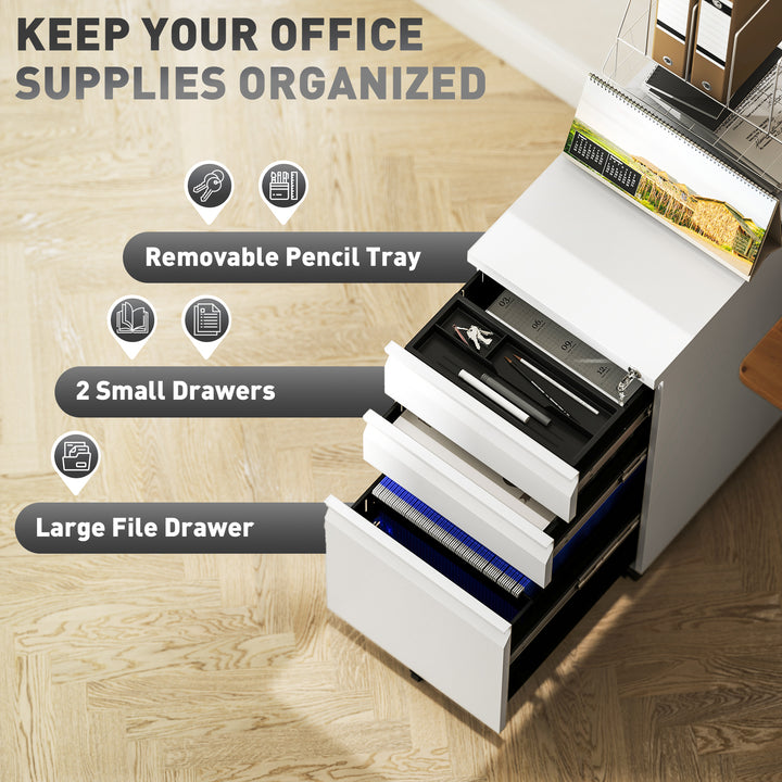 Vinsetto 3 Drawer Filing Cabinet with Lock, Steel Office Storage Cabinet with Hanging Bar for A4, Legal, Letter Files, White