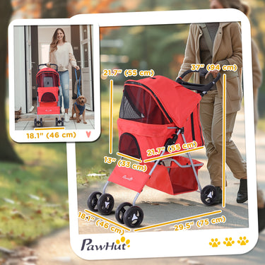 PawHut Pet Stroller Foldable Carrier for Cat, Dog and More 4 Wheels Travel Jogger with Cup Holder, Storage Basket, 360 ° swiveling front wheels, Easy Fold, Red