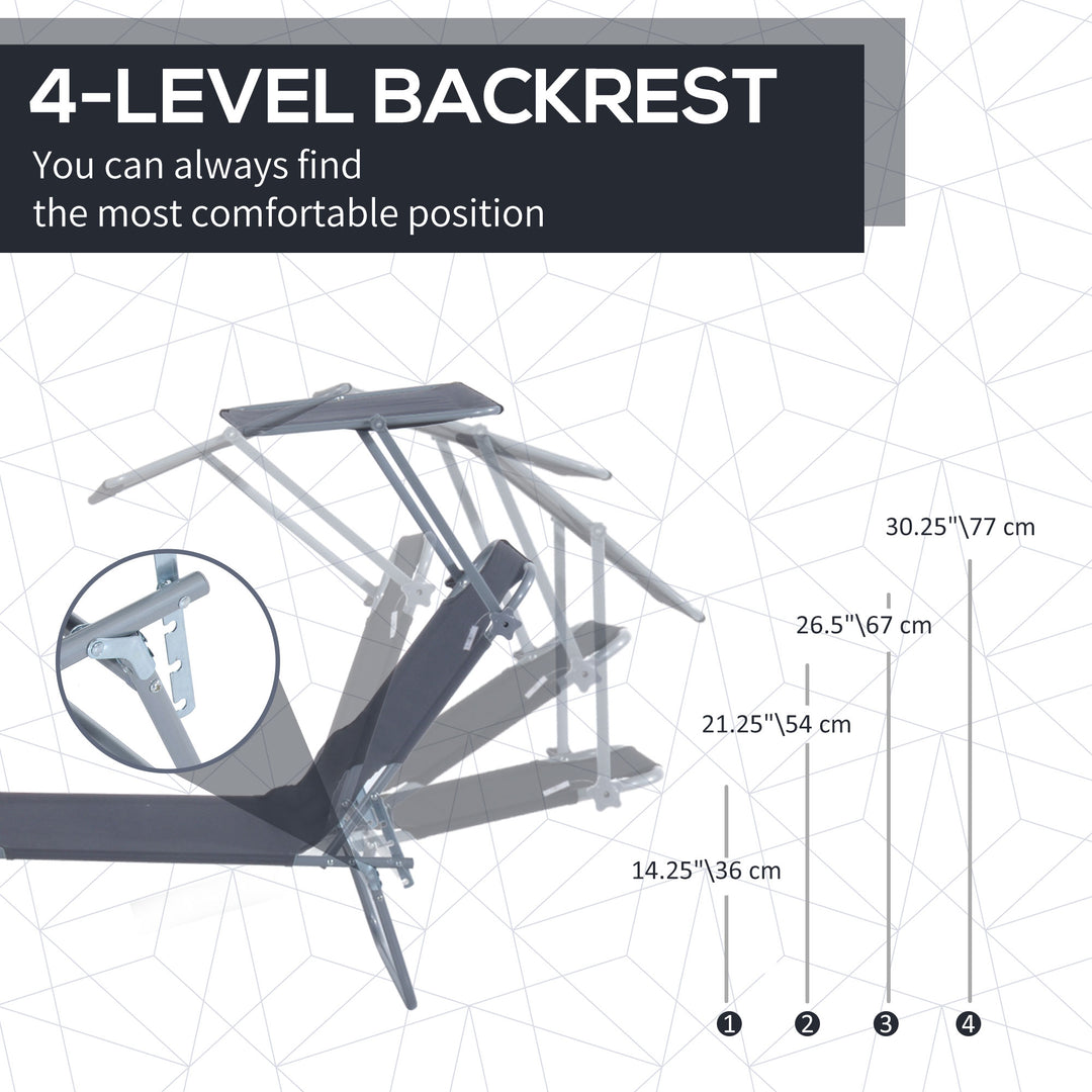 Outsunny Outdoor Lounge Chair, Adjustable Folding Chaise Lounge,  Tanning Chair with Sun Shade for Beach, Camping, Hiking, Backyard, Grey