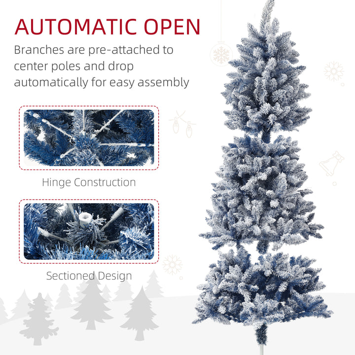 HOMCOM 7ft Flocked Blue Christmas Tree, Artificial Christmas Tree with Hinged Design, Faux Snow, for Home Office Holiday Xmas