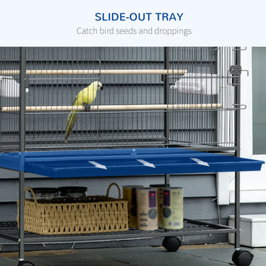 PawHut 52'' Large Rolling Steel Bird Cage Bird House with Rolling Stand, Storage Shelf, Wood Perch, Food Container, Dark Grey