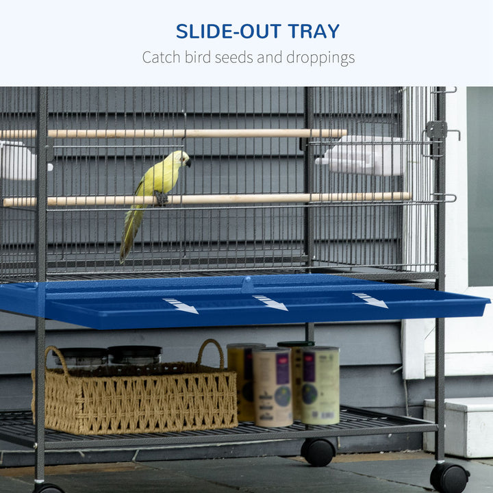 PawHut 52'' Large Rolling Steel Bird Cage Bird House with Rolling Stand, Storage Shelf, Wood Perch, Food Container, Dark Grey