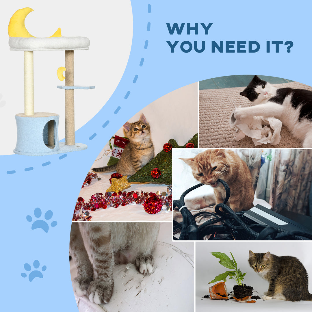 PawHut Moon Cat Tower for Indoor Cats with Teddy Fleece House Bed Scratching Post Hanging Toy Star Platform 41" Blue