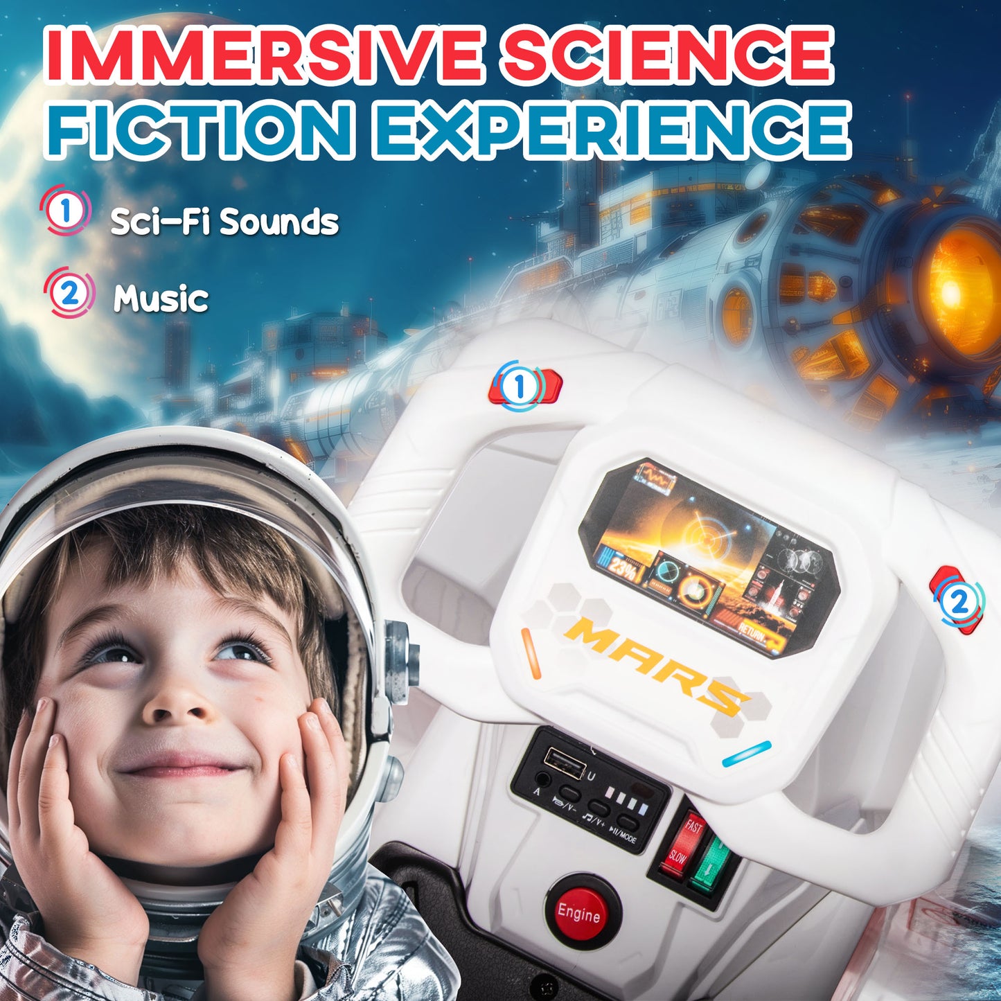 Qaba 6V Mars Rover Electric Car for Kids with Sci-Fi Sounds, Lights, MP3, for Ages 3-5, White