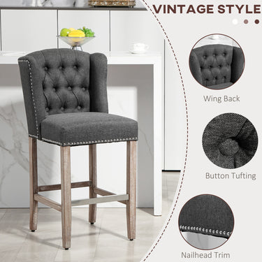 HOMCOM Counter Height Bar Stools Set of 2, Upholstered Bar Chairs with Nailhead Backrest and Footrest, Charcoal Grey