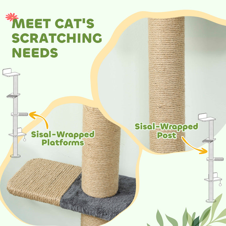 PawHut Cat Wall Shelves, Cat Wall Furniture with 4 Platforms, Jute Scratching Post for Indoor Playing, Climbing, Dark Grey