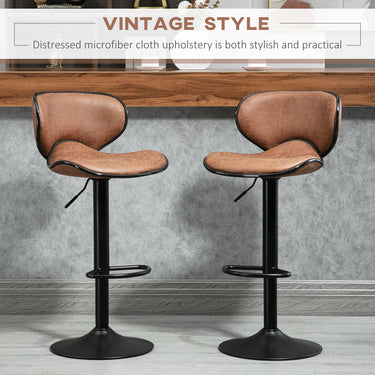 HOMCOM Vintage Set of 2 Microfiber Cloth Adjustable Bar Height Stools with Swivel Seat, Brown