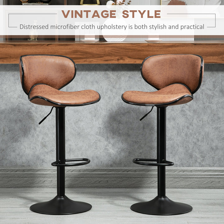HOMCOM Vintage Set of 2 Microfiber Cloth Adjustable Bar Height Stools with Swivel Seat, Brown