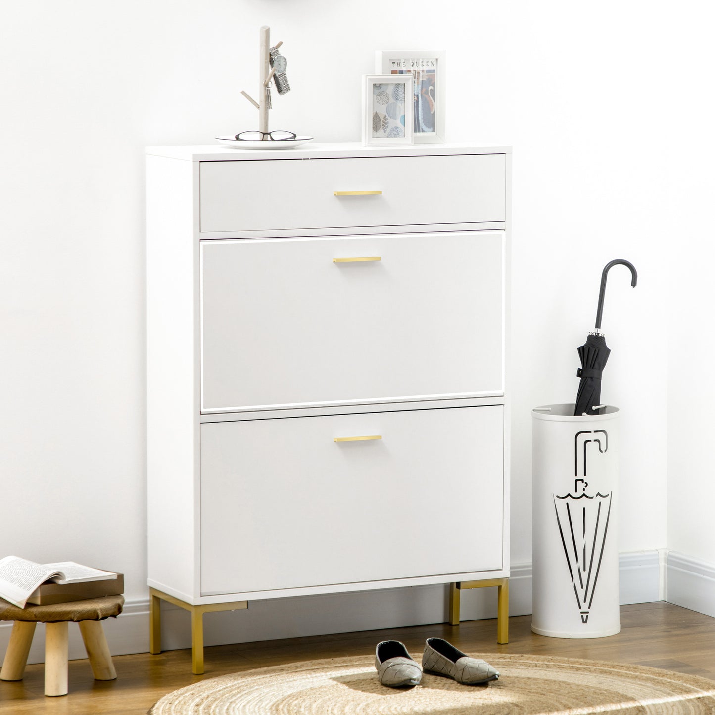 HOMCOM Modern Shoe Cabinet Storage 12 Pair Shoe Organizer with 2 Flip Doors Drawer and Adjustable Shelf White
