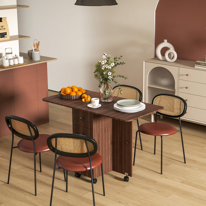 HOMCOM Foldable Dining Table, Rolling Kitchen Table with Storage Drawers and Cabinet, Drop Leaf Table on Wheels, White