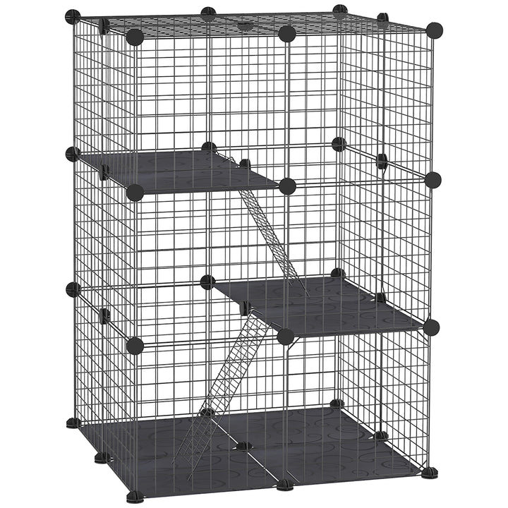PawHut 39 Pcs Small Animal Cage Bunny Hutch Portable Metal Wire with Ramps for Kitten Chinchilla, Black