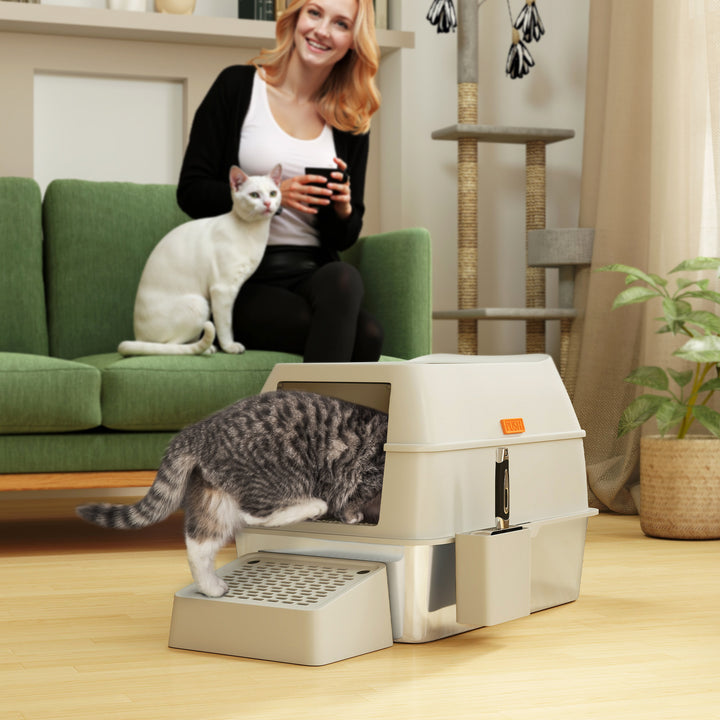 PawHut Stainless Steel Cat Litter Box with Lid, High Sided, Scoop, Easy Clean, Non-Sticky & Anti-Leakage, Light Grey