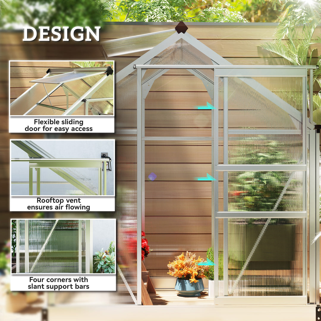 Outsunny 6.2' x 4.3' x 6.6' Clear Polycarbonate Greenhouse Large Walk-In Green House Garden Plants Grow Galvanized Base Aluminium Frame w/ Slide Door