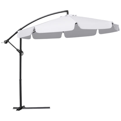 Outsunny 9FT Offset Hanging Patio Umbrella Cantilever Umbrella with Easy Tilt Adjustment, Cross Base and 8 Ribs for Backyard, Poolside, Lawn and Garden, White