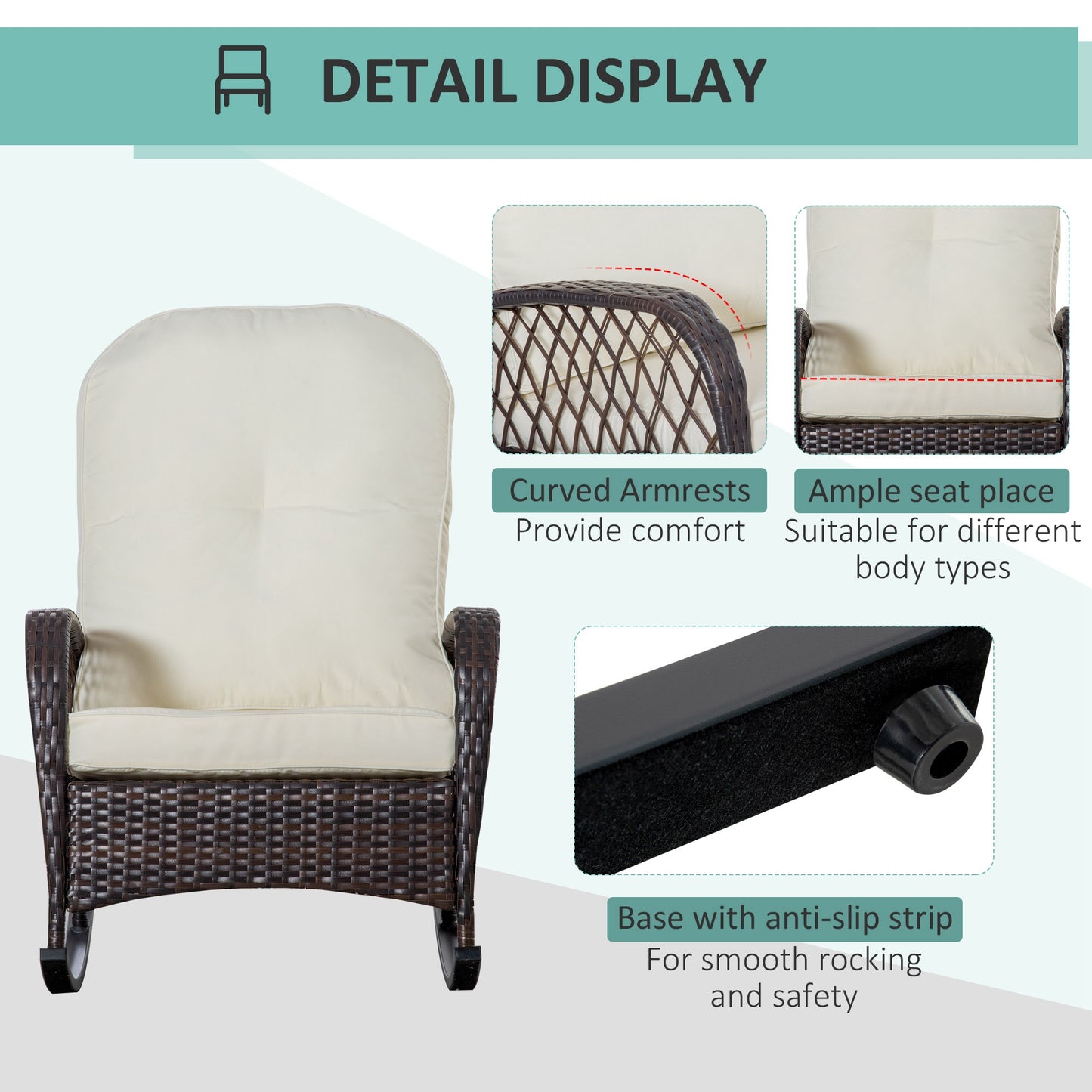 Outsunny Rattan Rocking Chair, Outdoor Wicker Patio Rocker Chair Furniture with Thick Cushions, for Garden Backyard Porch, Khaki