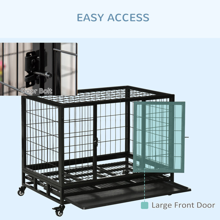 PawHut Heavy Duty Dog Crate Cage for Medium Small Dogs Cats with Two Doors, Lockable Wheels, Removable Tray, 36" x 24" x 27"