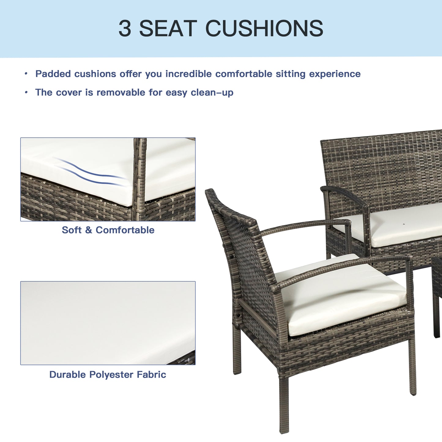 Outsunny 4 Pieces Patio Furniture Sets with A Loveseat, Two Armchairs and A Coffee Table, Outdoor Conversation Set with Glass Top Table, Grey PE Rattan and Cream White Cushions