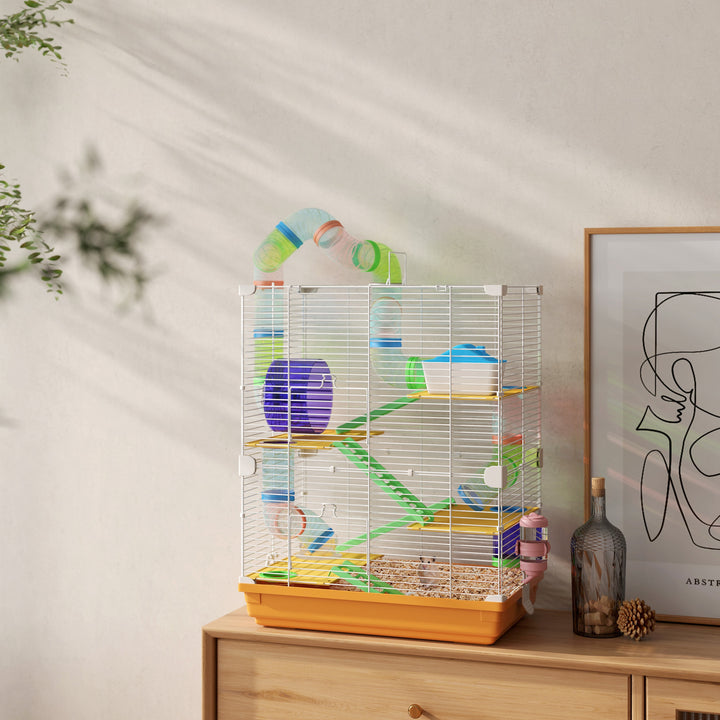 PawHut 5 Tiers Hamster Cage Portable with Exercise Wheels Play Tube Water Bottle Dishes House Ladder for Gerbils, Light Blue