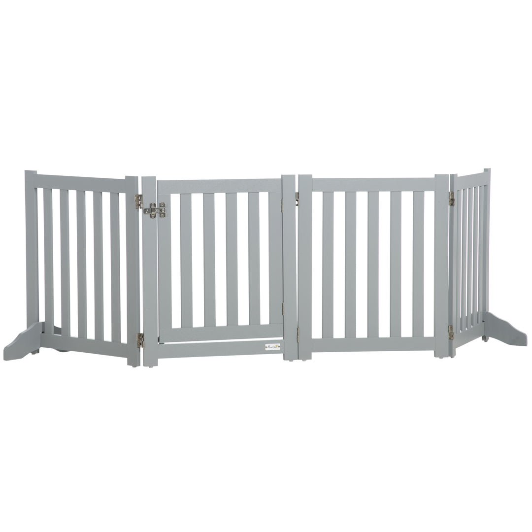 PawHut 23.5"H Foldable Dog Gate with Door, 4 Panels Freestanding Pet Gate Barriers Indoor with Support Feet, Puppy Fence for Small Dogs, Grey