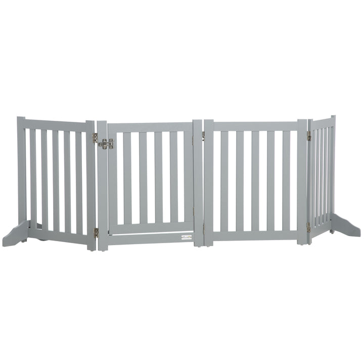 PawHut 23.5"H Foldable Dog Gate with Door, 4 Panels Freestanding Pet Gate Barriers Indoor with Support Feet, Puppy Fence for Small Dogs, Grey