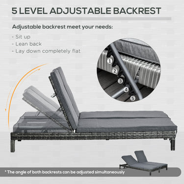 Outsunny Wicker Double Chaise Lounge Chair Outdoor Recliner 2 Person Rattan Patio Reclining Sunbed Furniture Cushioned w/Adjustable Backrest, Black, Grey