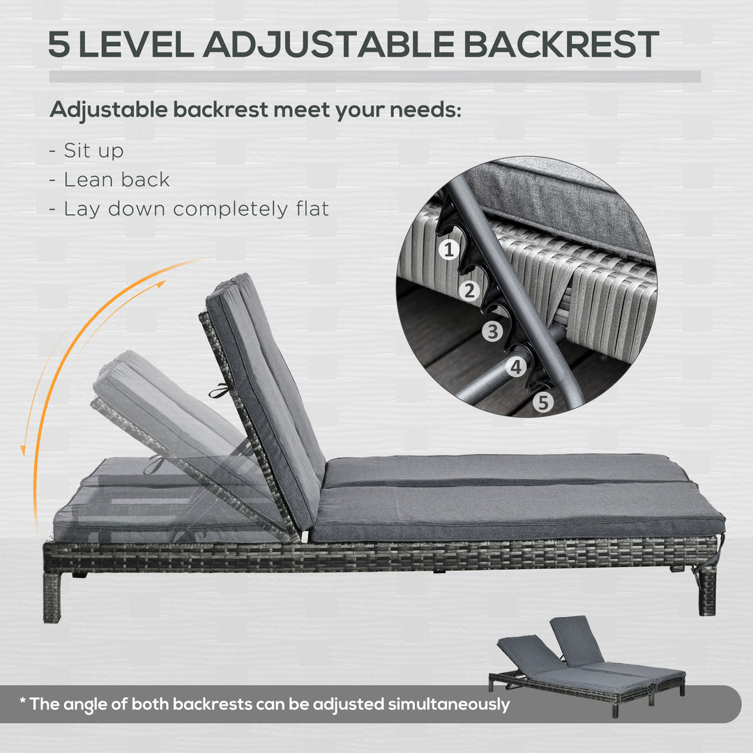 Outsunny Wicker Double Chaise Lounge Chair Outdoor Recliner 2 Person Rattan Patio Reclining Sunbed Furniture Cushioned w/Adjustable Backrest, Black, Grey