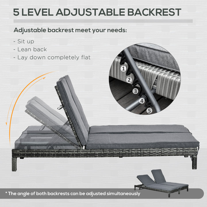 Outsunny Wicker Double Chaise Lounge Chair Outdoor Recliner 2 Person Rattan Patio Reclining Sunbed Furniture Cushioned w/Adjustable Backrest, Black, Grey