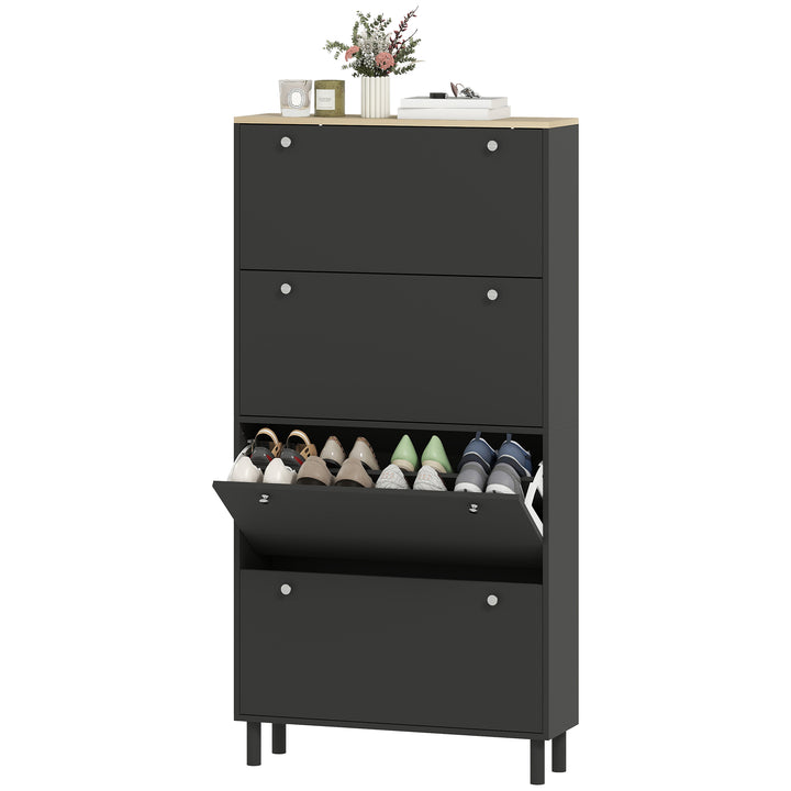 HOMCOM Narrow Shoe Cabinet with 4 Flip Drawers, Shoe Storage Cabinet with Adjustable Shelves, Holds 24–32 Pairs, Black