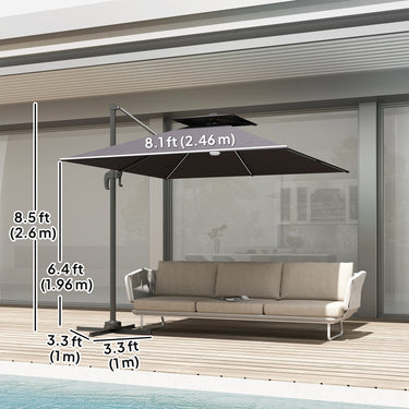 Outsunny 8' Cantilever Patio Umbrella with LED Lights, 360°Rotation, Tilt & Height Adjustment, Crank, Cross Base, Dark Grey