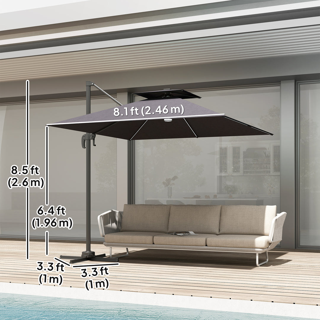 Outsunny 8' Cantilever Patio Umbrella with LED Lights, 360°Rotation, Tilt & Height Adjustment, Crank, Cross Base, Dark Grey