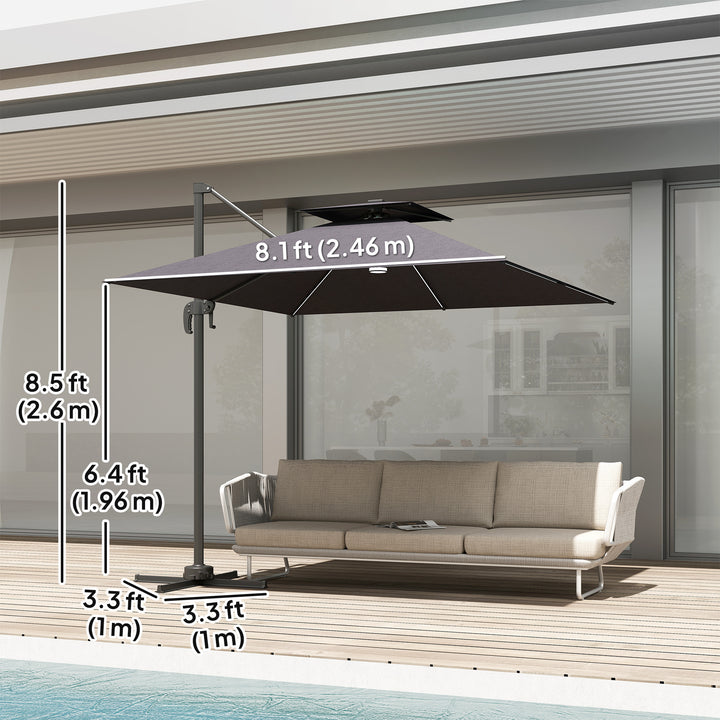 Outsunny 8' Cantilever Patio Umbrella with LED Lights, 360°Rotation, Tilt & Height Adjustment, Crank, Cross Base, Dark Grey