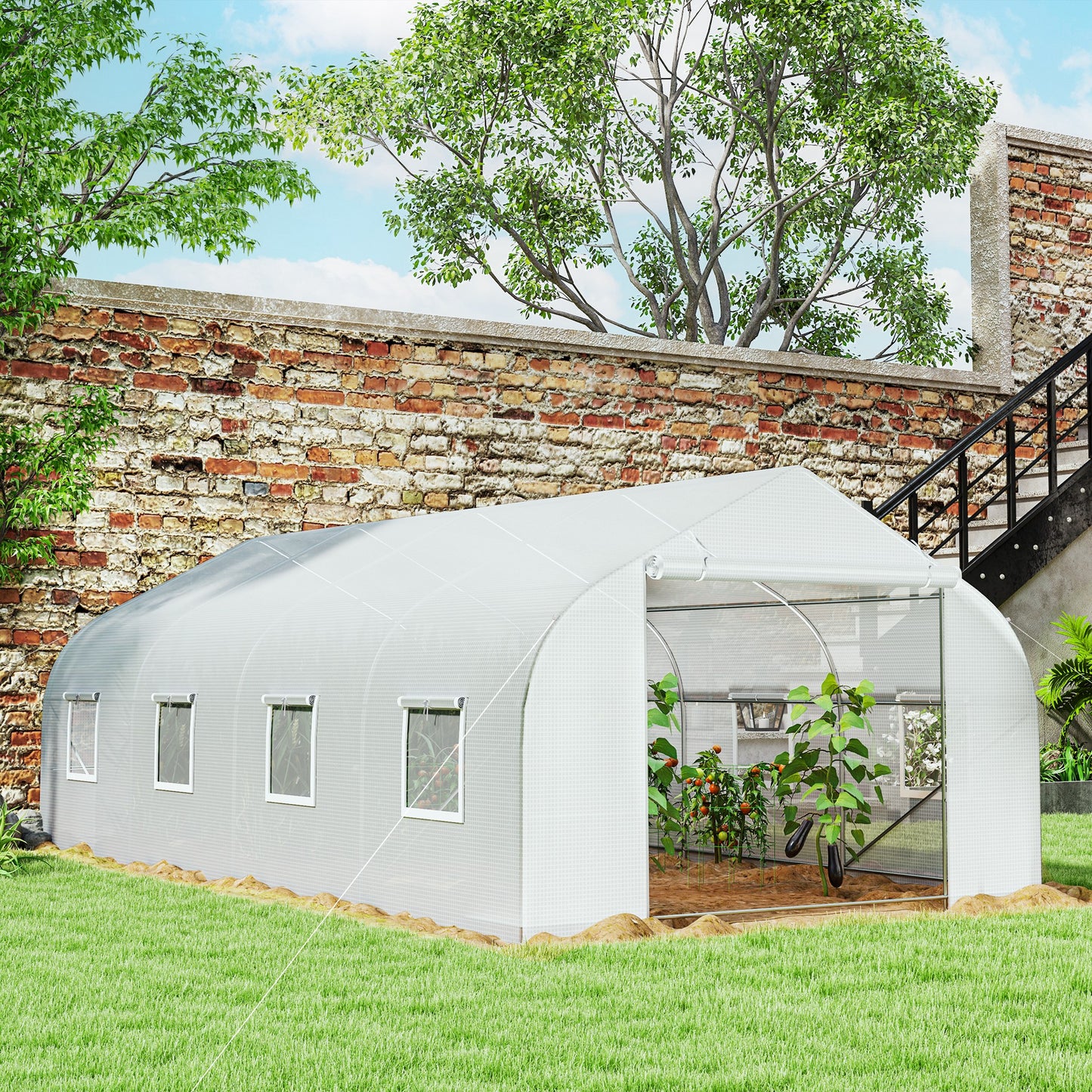 Outsunny 20x10x7ft Walk-in Steeple Greenhouse Outdoor Backyard Plant Seed Growth Tunnel Shed Warm House with 2 Anchor Way White