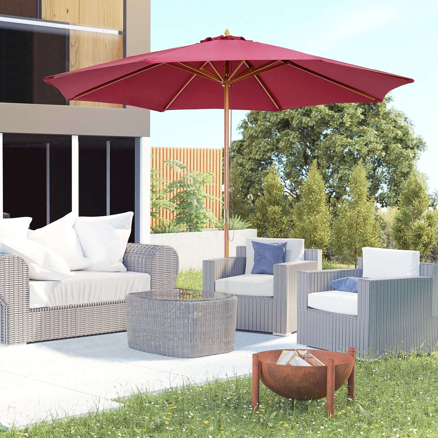 Outsunny 10' x 8' Bamboo Wooden Round Market Patio Sun Umbrella Garden Parasol Outdoor Sunshade Canopy, White