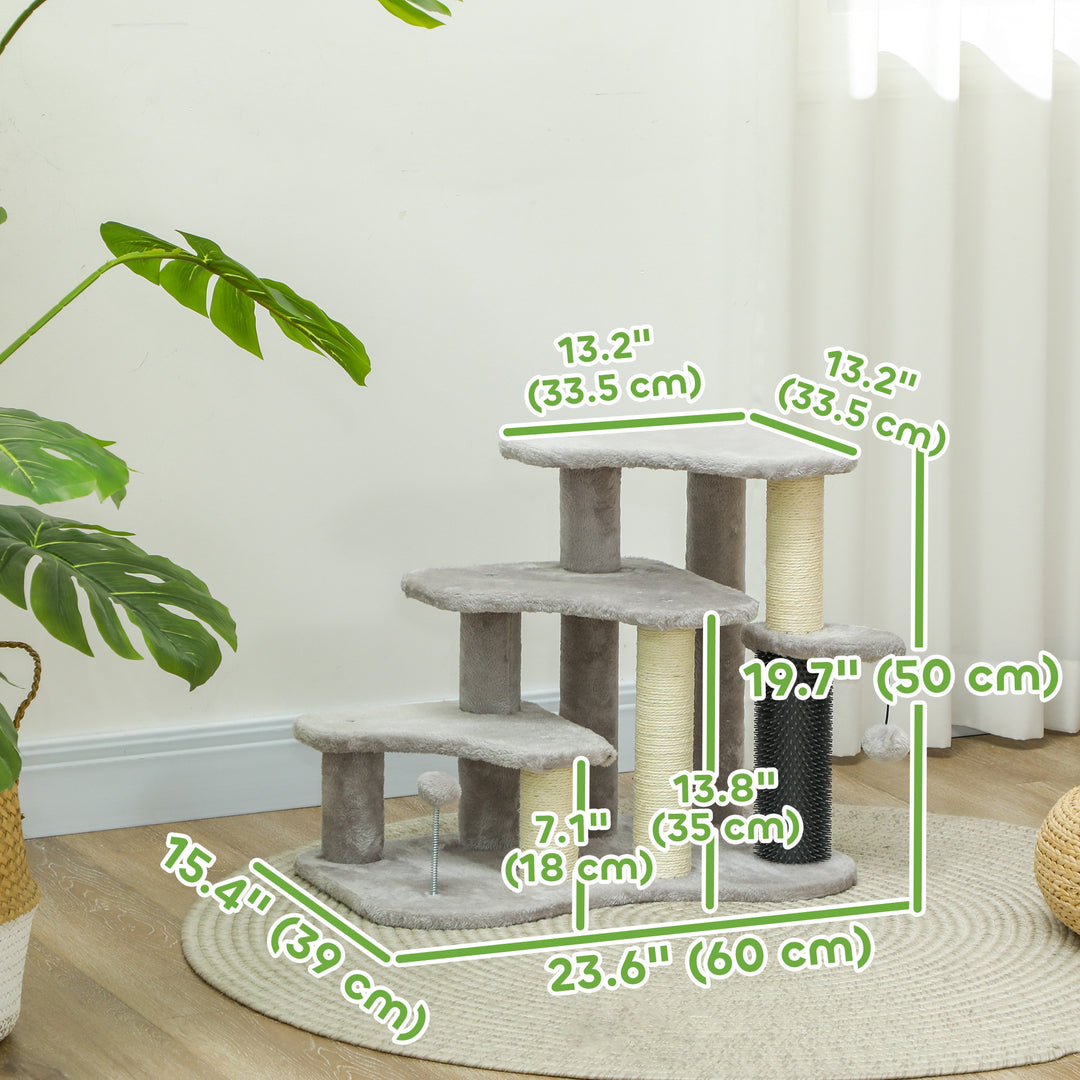 PawHut 2 in 1 Cat Tree 3 Steps Pet Stairs with Scratching Posts, Tickling Post, Toy Balls, for Bed, Couch, Sofa, Light Grey
