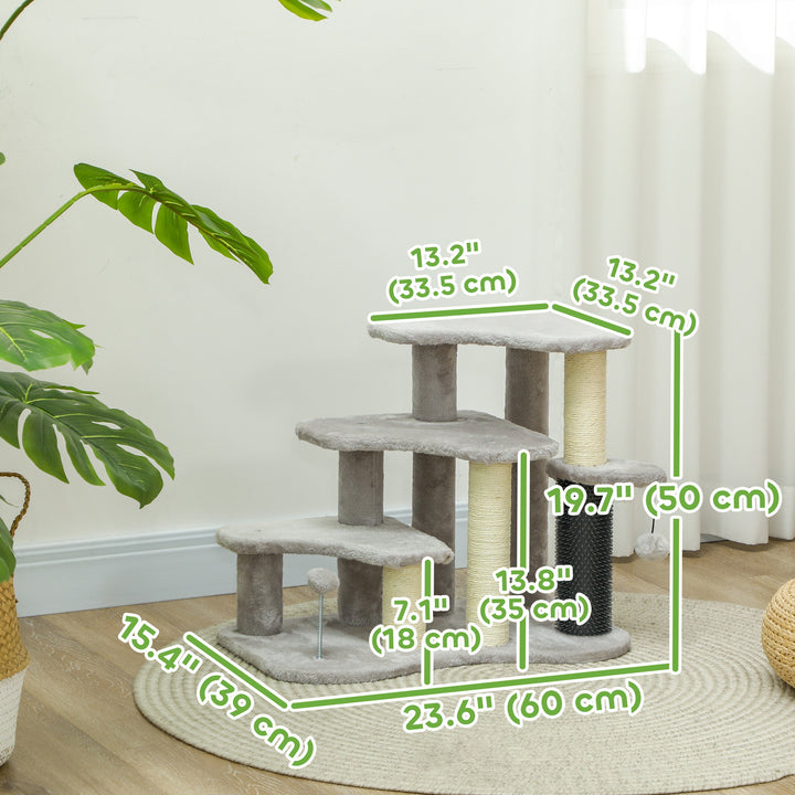 PawHut 2 in 1 Cat Tree 3 Steps Pet Stairs with Scratching Posts, Tickling Post, Toy Balls, for Bed, Couch, Sofa, Light Grey