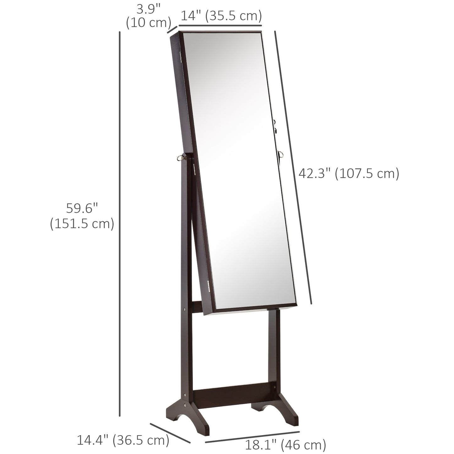 HOMCOM Mirror Jewelry Cabinet Armoire, Lockable Jewelry Organizer with Full-Length Mirror, 3 Angle Adjustable, Grey