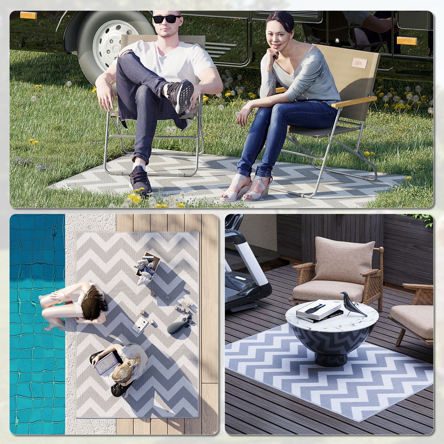 Outsunny Reversible Outdoor RV Rug, Patio Floor Mat, 4' x 6' Plastic Straw Rug for Backyard, Deck, Beach, Camping, Grey & White