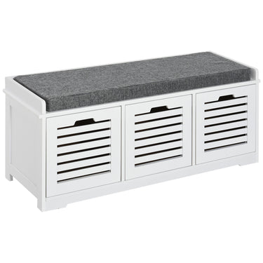 HOMCOM Upholstered Shoe Cabinet Storage Bench with Padded Cushion, with 3 drawer Enough Storage Space Bench Stool for Living Room Entryway Furniture, White
