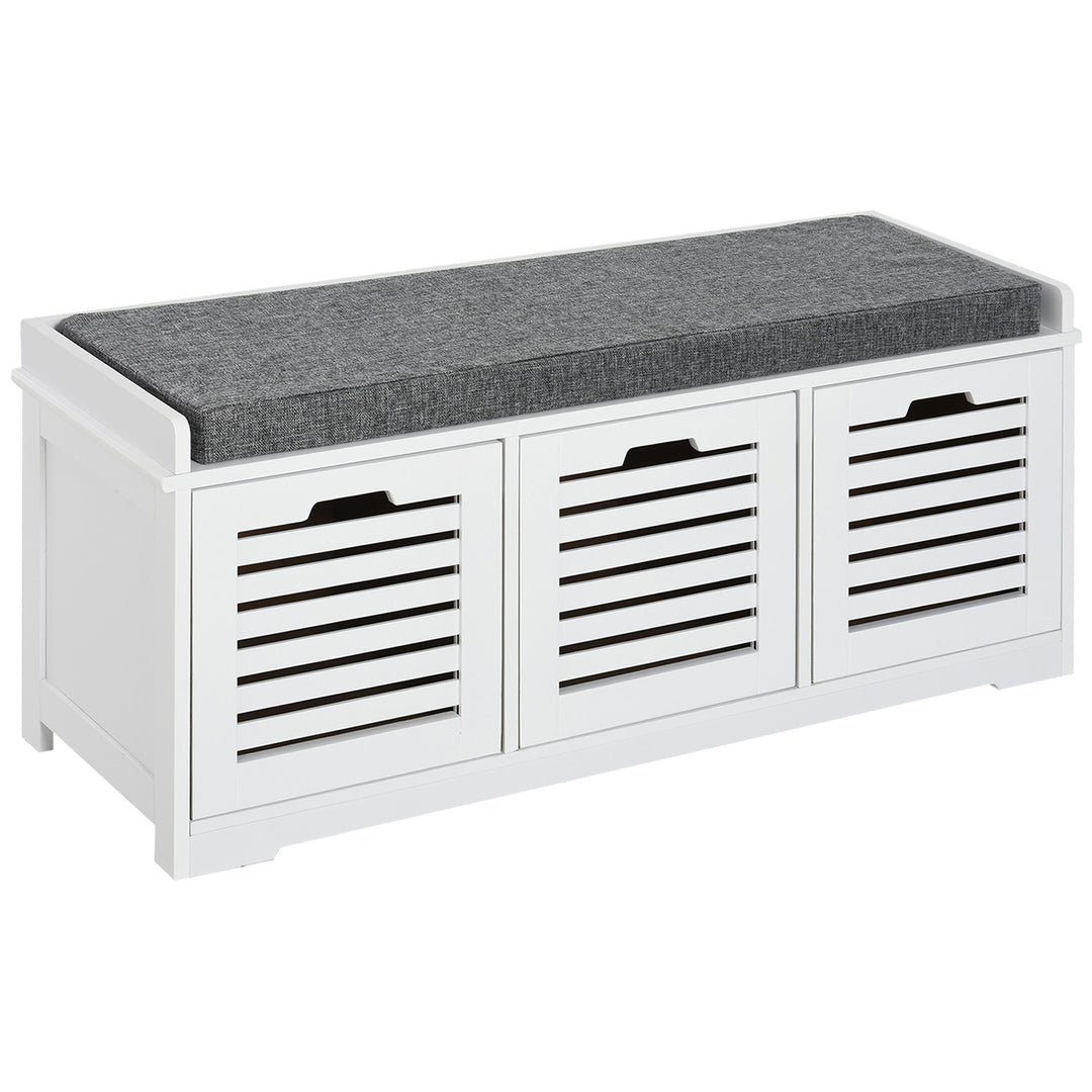 HOMCOM Upholstered Shoe Cabinet Storage Bench with Padded Cushion, with 3 drawer Enough Storage Space Bench Stool for Living Room Entryway Furniture, White
