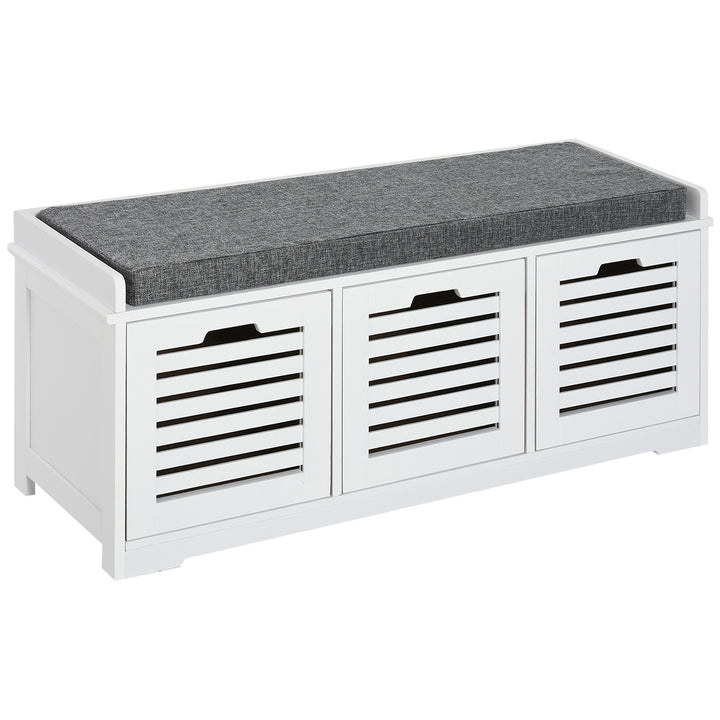 HOMCOM Upholstered Shoe Cabinet Storage Bench with Padded Cushion, with 3 drawer Enough Storage Space Bench Stool for Living Room Entryway Furniture, White