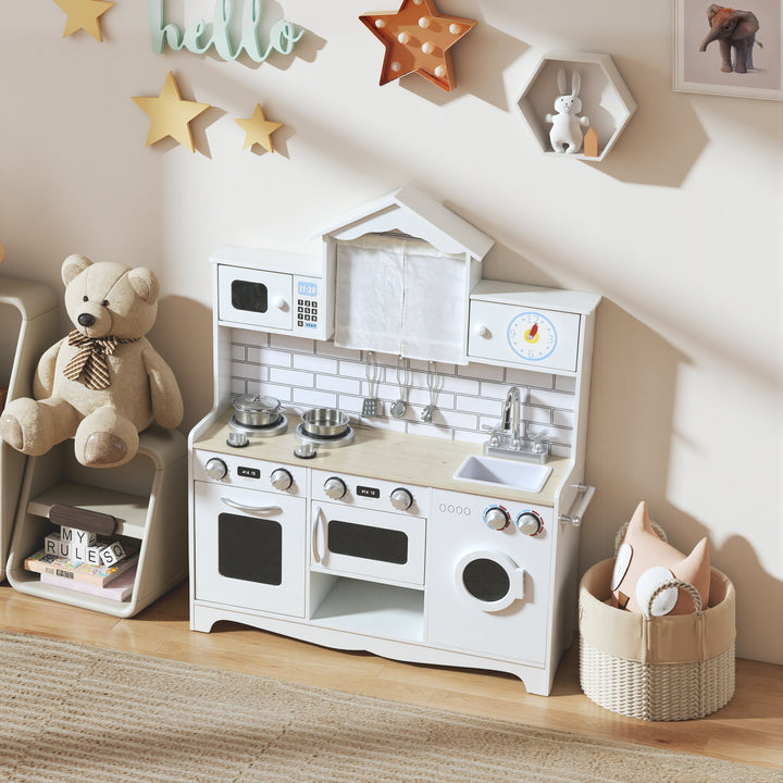 Qaba Pretend Play Kitchen for Kids, Pretend Kids Kitchen Playset with Switch Knob Sound, Clock, for Ages 3-6 Years, White