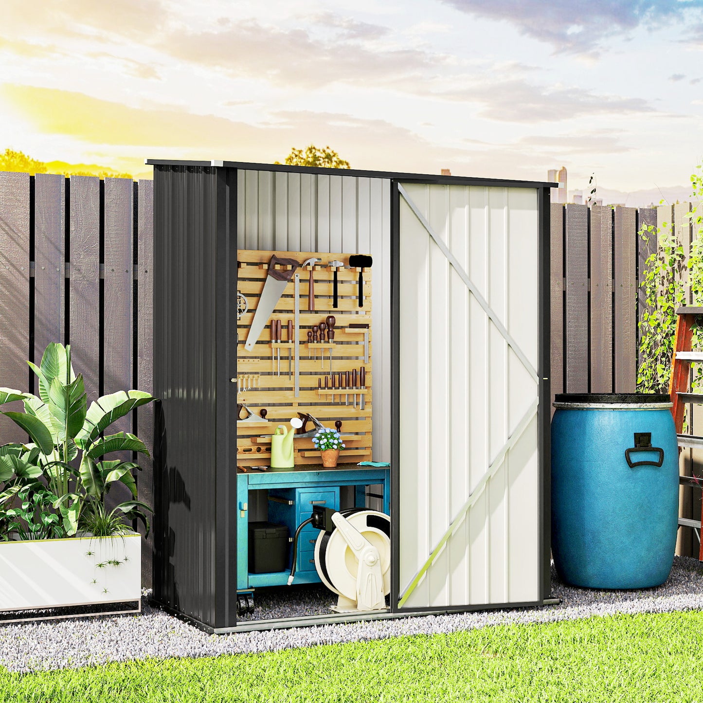 Outsunny 5' x 3' Outdoor Storage Shed, Steel Garden Shed with Single Lockable Door, Tool Storage Shed for Backyard, Brown