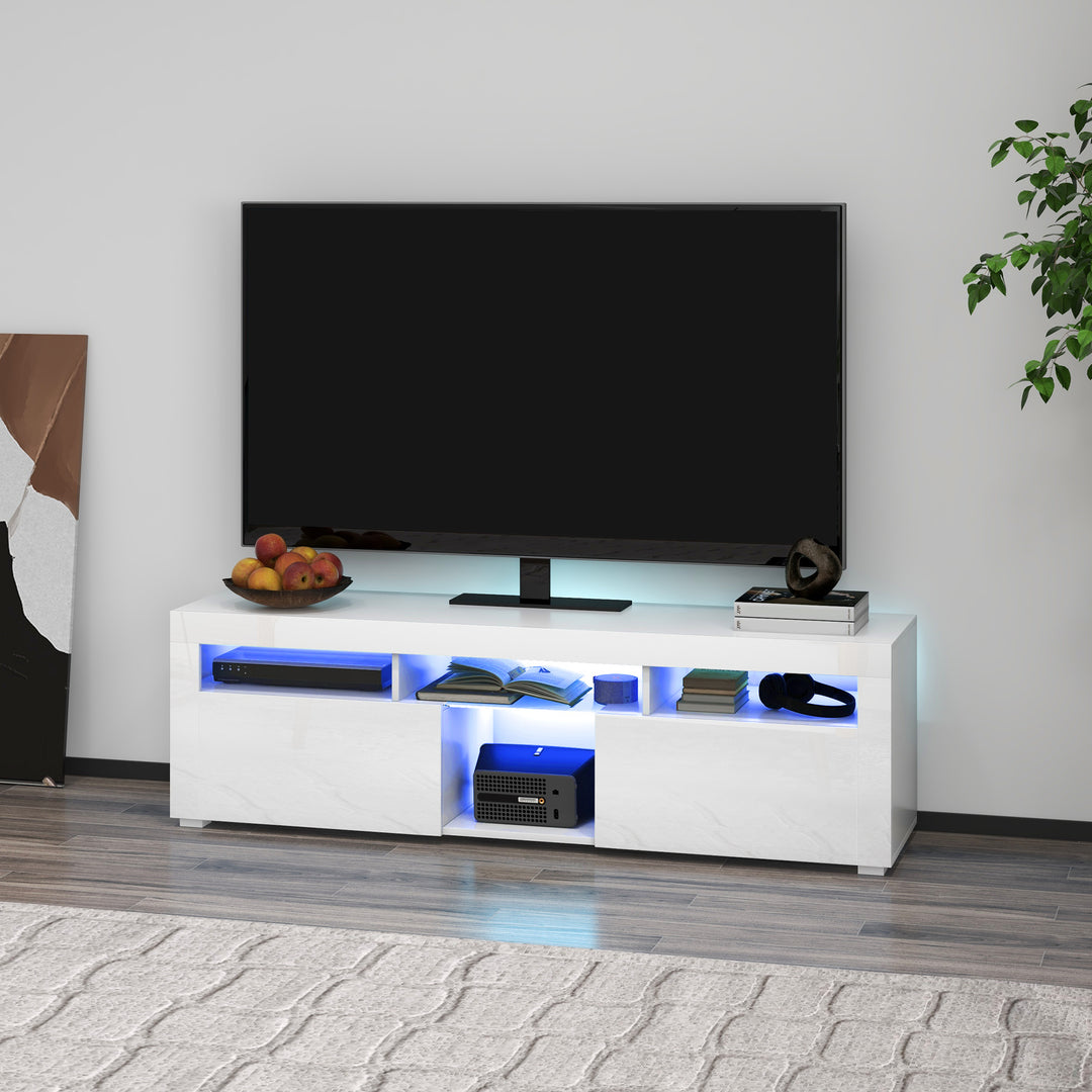 HOMCOM Modern TV Stand with Storage and LED Lights for TVs up to 55", TV Cabinet with Open Compartments, High Gloss White