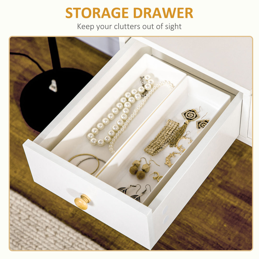 HOMCOM Makeup Vanity Desk with Flip Top Mirror and Cushioned Stool, Dressing Table Writing Desk with 2 Drawers and Storage Grids for Bedroom (White)