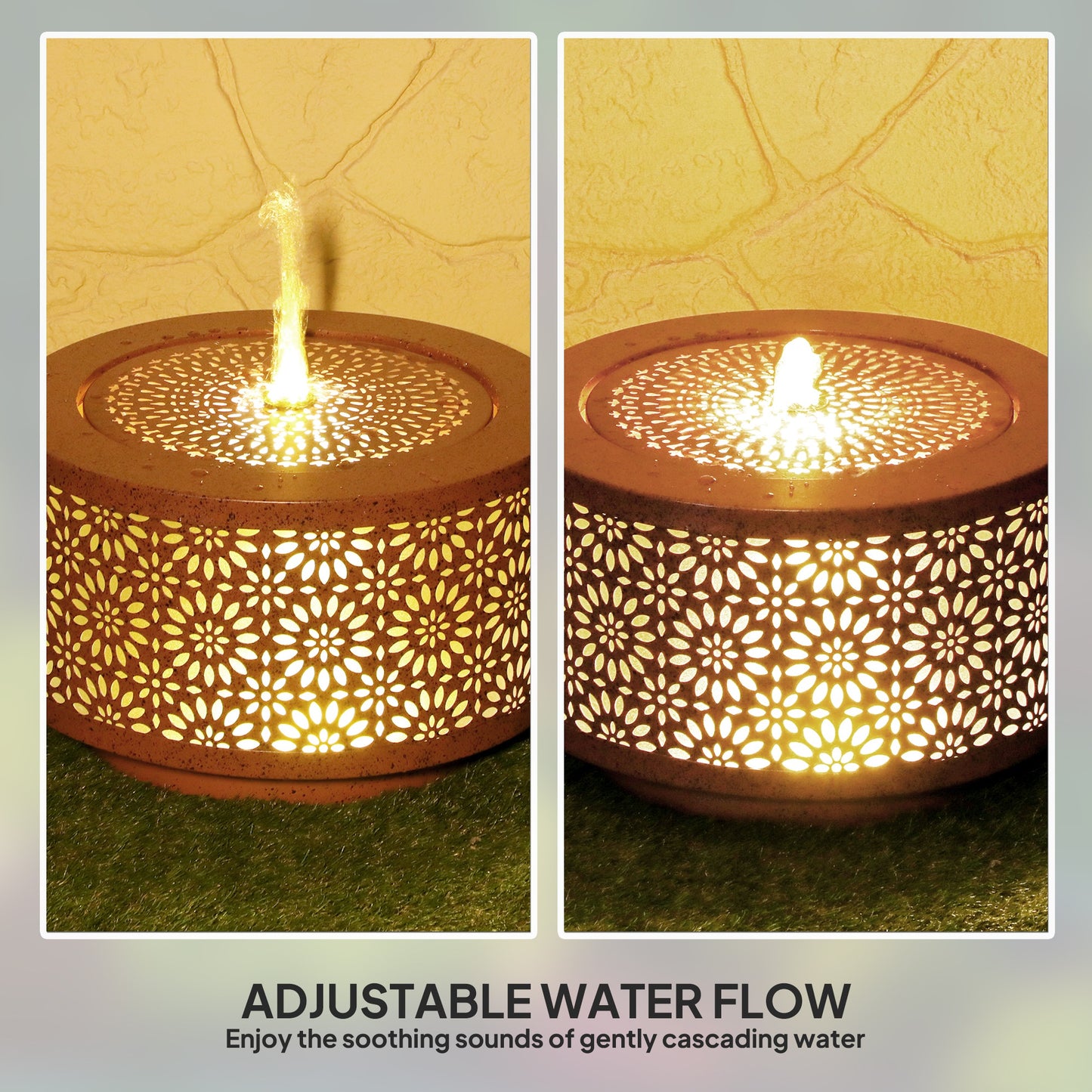 Outsunny Outdoor Water Fountain with LED Lights, 10" Tall Garden Waterfall Fountain with Adjustable Flow, Brown