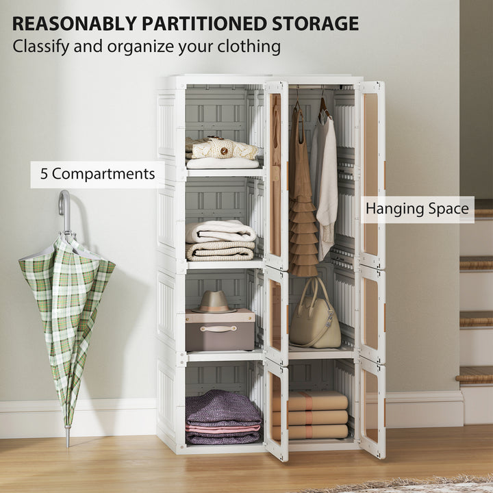 HOMCOM Portable Wardrobe, Foldable Plastic Closet with 5 Compartments, Hanging Rod and Magnetic Doors, White
