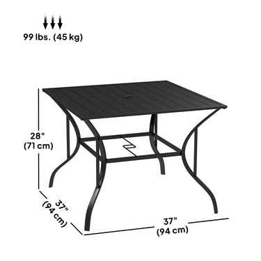 Outsunny Outdoor Dining Table for Four, Patio Table with Parasol Hole, Square Garden Table with Slatted Metal Plate Top, for Backyard, Poolside, Black