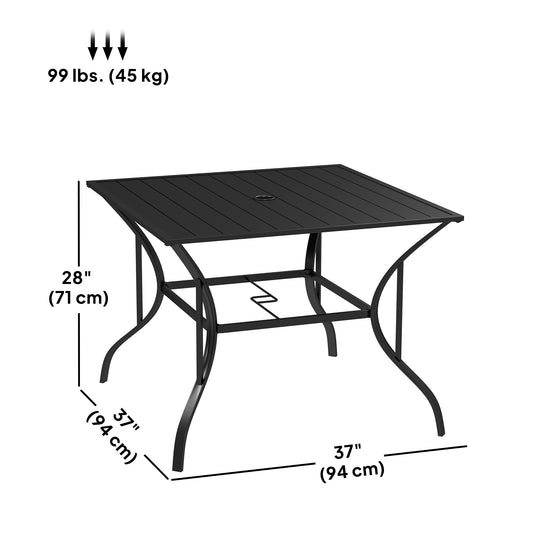 Outsunny Outdoor Dining Table for Four, Patio Table with Parasol Hole, Square Garden Table with Slatted Metal Plate Top, for Backyard, Poolside, Black