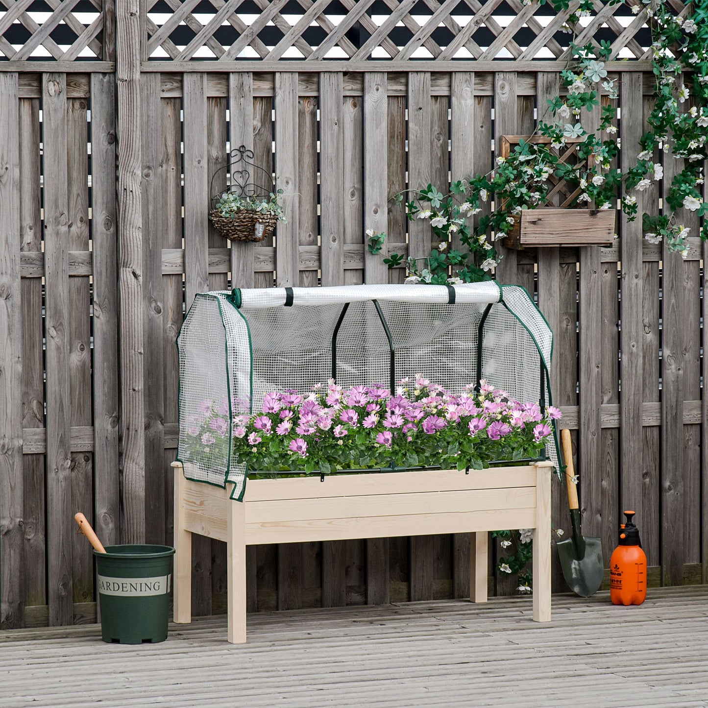 Outsunny Raised Garden Bed with PE Greenhouse Cover Outdoor Elevated Wood Planter Box for Herbs and Vegetables, Use for Patio, Backyard, Balcony, 48 x 22 x 46 inch, Natural