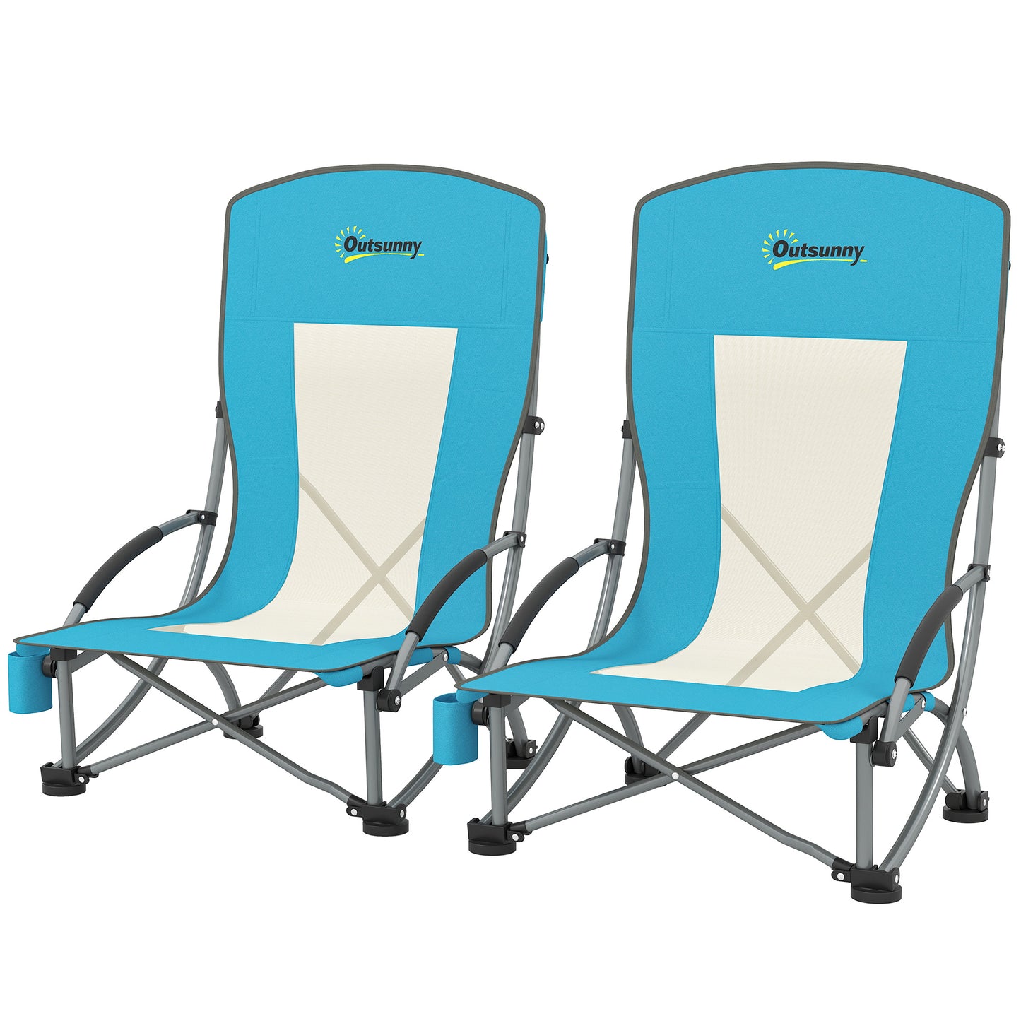 Outsunny Set of 2 Folding Beach Chairs with Mesh Back, Carry Bag and Cup Holder for Outdoor Camping Lawn, 22.8" x 21.7" x 24.4"